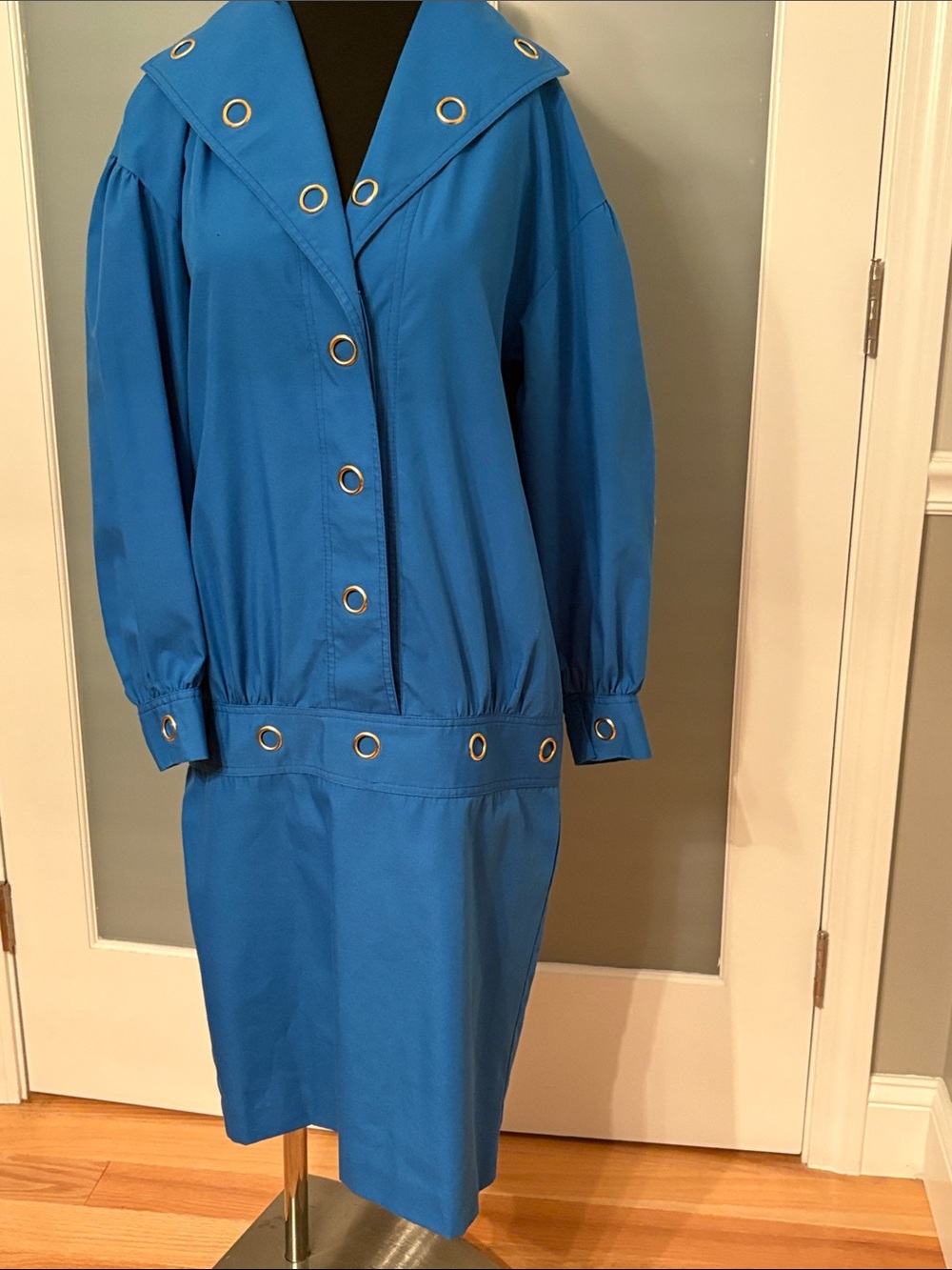 Vintage 80s La Bottega Blue Grommet-Detail Women's Shirt Dress